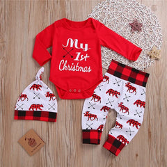 0-24M Newborn Christmas 3pcs Clothes Set Letter Long Sleeve Baby Girls Rompers Elk Xmas Outfits For Infant Boys And Girls - NTKSTORE
