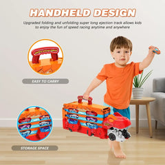 Dinosaur 3-In-1 Transport Truck Car Toys for Boys Age 3+ 8 Race Cars Ejection Folding Portable Track Toy with Sound for Kids