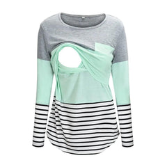 Fashion Pregnant Women Stiching Color Breastfeeding Nursing T Shirts Casual Loose Long Sleeve Tee Tops For Maternity - NTKSTORE