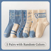 5 Pairs of Women's Spring Four-season Cute SStriped Letters Youthful Beautiful Fashionable and Comfortable Mid-calf Socks - NTKSTORE