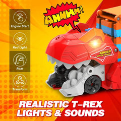 Dinosaur 3-In-1 Transport Truck Car Toys for Boys Age 3+ 8 Race Cars Ejection Folding Portable Track Toy with Sound for Kids