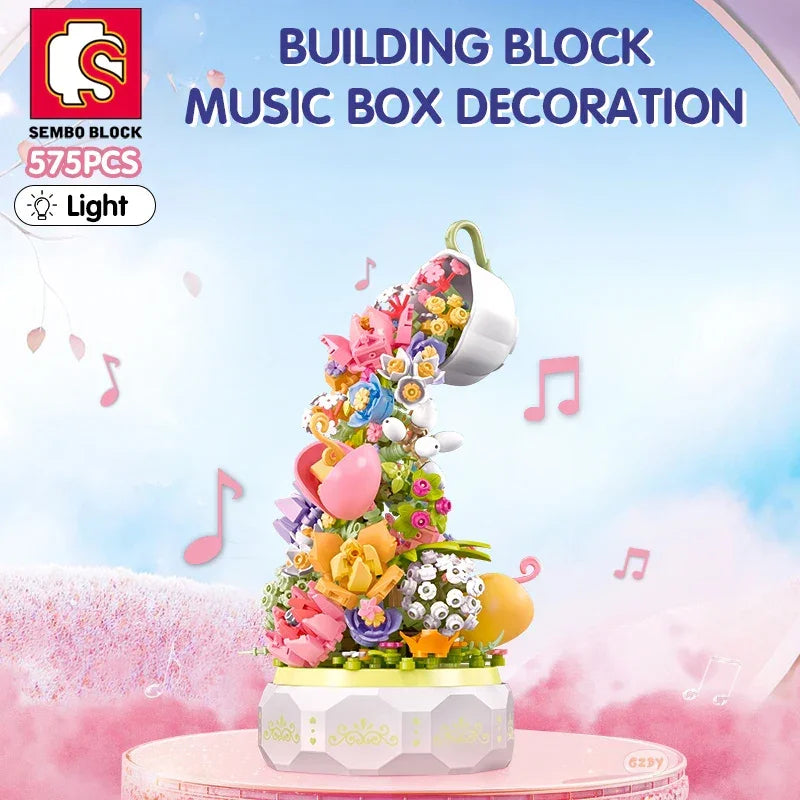 SEMBO BLOCK 575pcs Teacup Flower Lighting Music Box Building Block Home Decor Anime Creative Gift Toy For Child Adults - NTKSTORE