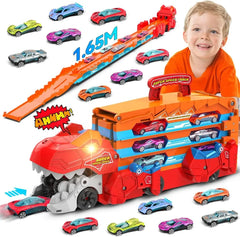 Dinosaur 3-In-1 Transport Truck Car Toys for Boys Age 3+ 8 Race Cars Ejection Folding Portable Track Toy with Sound for Kids