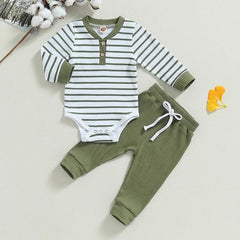 Casual Baby Boy 2Pcs Fall Outfits Long Sleeve Knitted Striped Print Romper Pants Set Infant Warm Clothes Baby's Sets