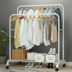 Heavy Duty Clothes Rack Garment Rail Rolling Stand Two Top Rod & Lower Storage - NTKSTORE