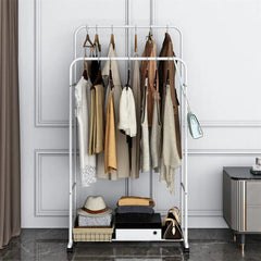 Heavy Duty Clothes Rack Garment Rail Rolling Stand Two Top Rod & Lower Storage - NTKSTORE