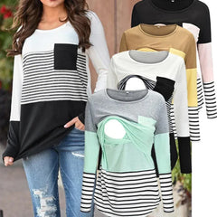 Fashion Pregnant Women Stiching Color Breastfeeding Nursing T Shirts Casual Loose Long Sleeve Tee Tops For Maternity - NTKSTORE