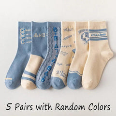5 Pairs of Women's Spring Four-season Cute SStriped Letters Youthful Beautiful Fashionable and Comfortable Mid-calf Socks - NTKSTORE