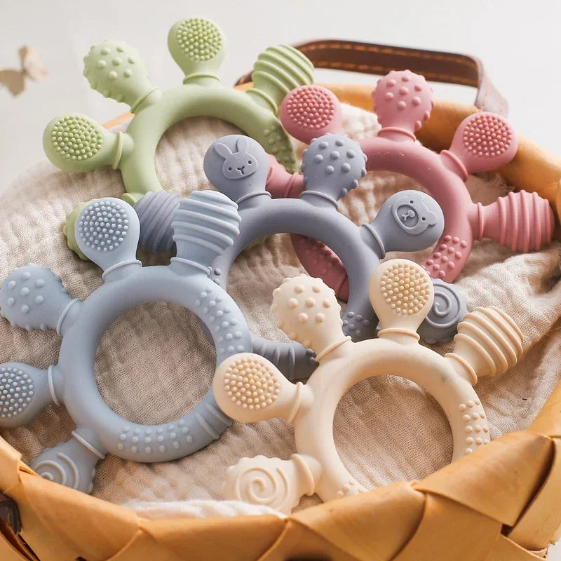 Silicone Teether BPA Free Hand Shape Teething Toy Baby Touch Sensory Teether Wooden Teether Ring Sensory Toy Gift For Newbaby - NTKSTORE