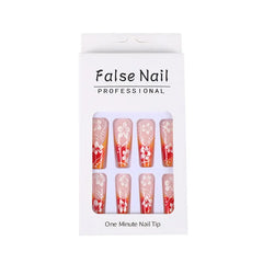 24 Pcs Flower Press on Nails Gradient Orange False Nails with Glue Autumn and Winter Extra Long Artificial French Cheap Nails
