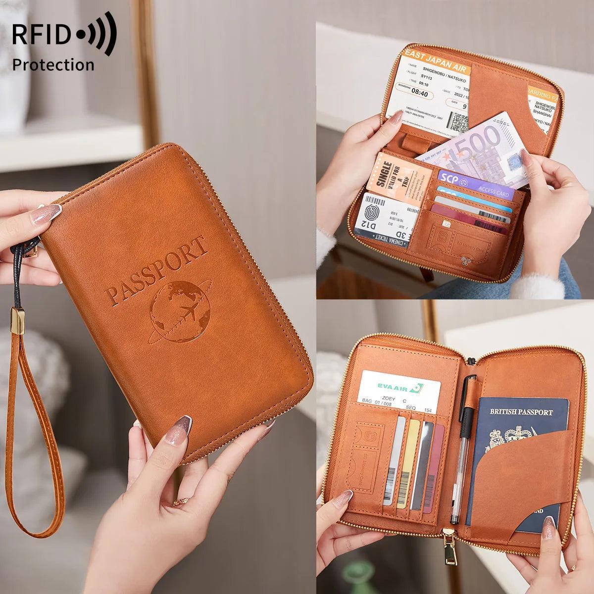 Fashionable and Portable RFID Travel Passport CasePULeather Multi functional Credit Card Passport Bag Neutral Travel Accessories - NTKSTORE