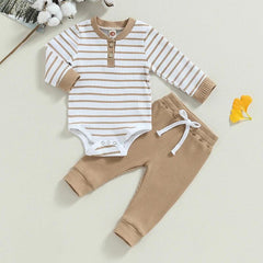 Casual Baby Boy 2Pcs Fall Outfits Long Sleeve Knitted Striped Print Romper Pants Set Infant Warm Clothes Baby's Sets