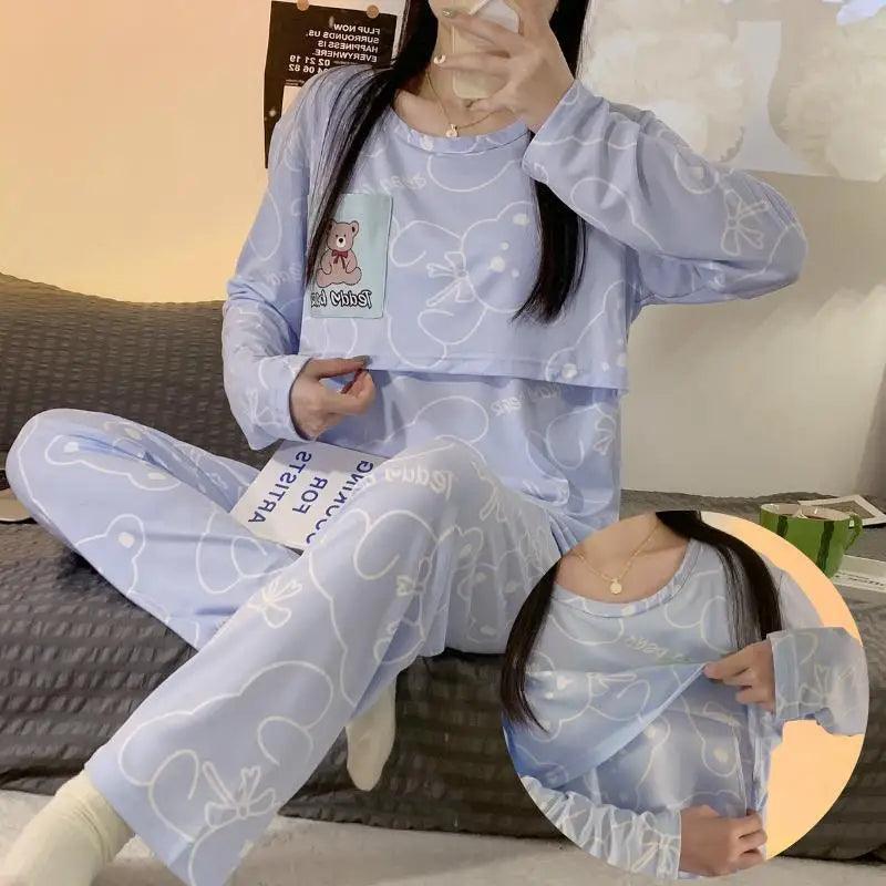 New Monthly Clothing 2-Piece Spring And Autumn Maternity Pajamas Summer Breastfeeding Suit Breastfeeding Pajamas Homewear - NTKSTORE