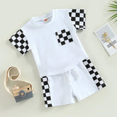 New Infant Toddler Chessboard Plaid Stitching Short Sleeve Suit