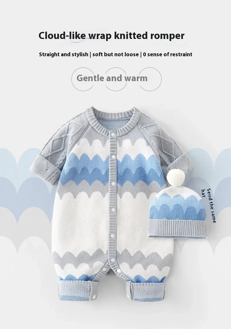 Baby Hooded Long-sleeved Knitted Cotton Jumpsuit Hat Suit