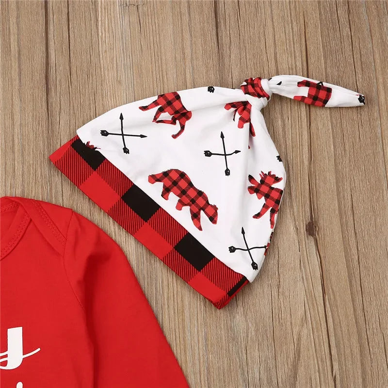 0-24M Newborn Christmas 3pcs Clothes Set Letter Long Sleeve Baby Girls Rompers Elk Xmas Outfits For Infant Boys And Girls - NTKSTORE