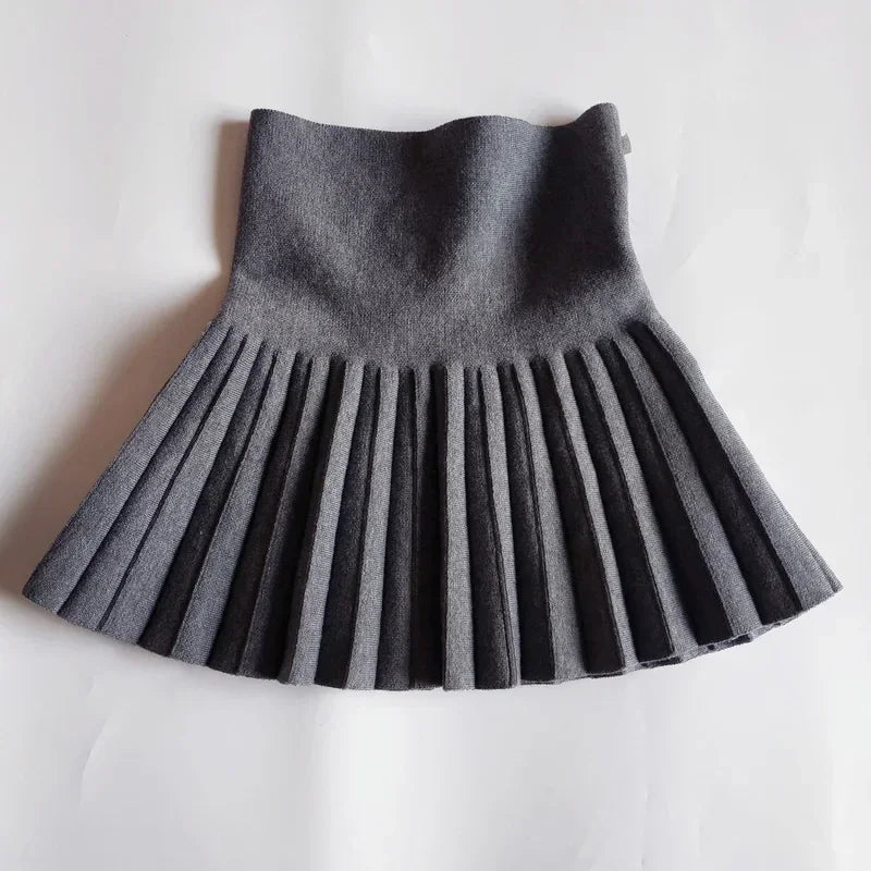 Fashion Parent-Child Short Skirt 2024 Autumn Winter Solid Color Girls Knitting Pleated Skirt Kids Elastic High Waist Mini Skirt - NTKSTORE