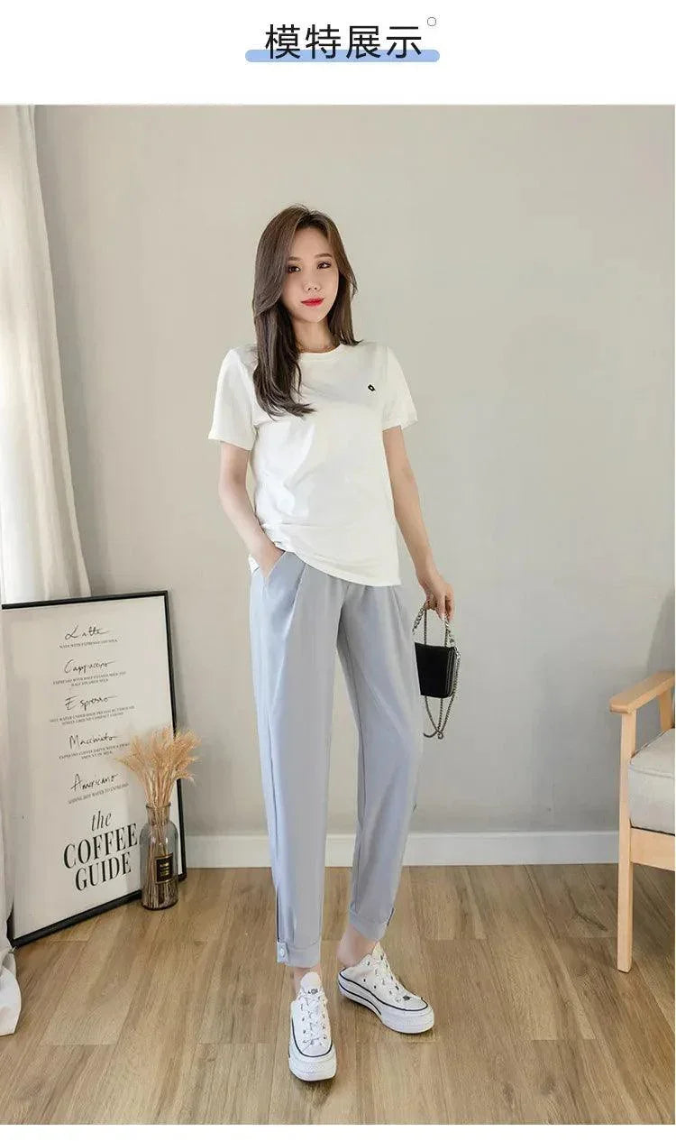 Chiffon Thin Summer Maternity Ankle Pants Fashion Split Button Design Clothes For Pregnant Women Pregnancy Casual Harem Trousers - NTKSTORE