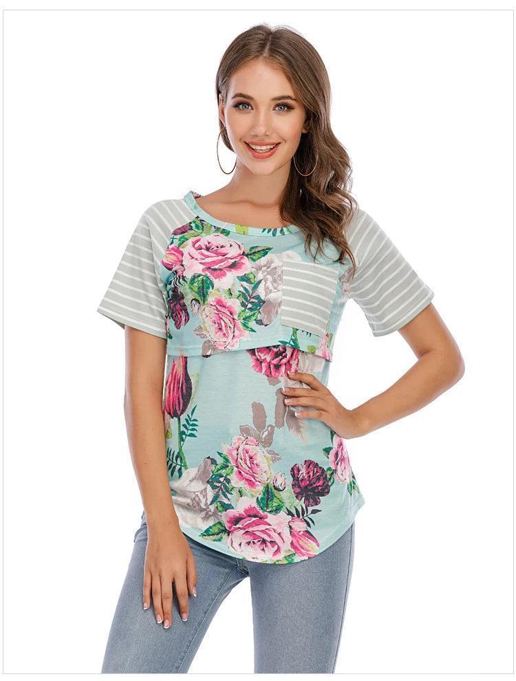 New Casual Womens Pregnant Maternity Clothes Nursing Tops Breastfeeding T-Shirt Pregnancy Striped Short Sleeve Shirt - NTKSTORE