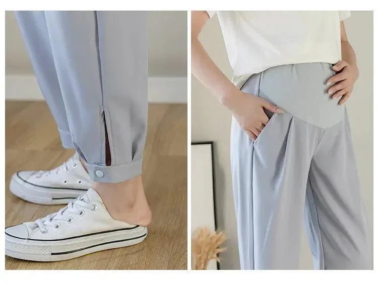 Chiffon Thin Summer Maternity Ankle Pants Fashion Split Button Design Clothes For Pregnant Women Pregnancy Casual Harem Trousers - NTKSTORE