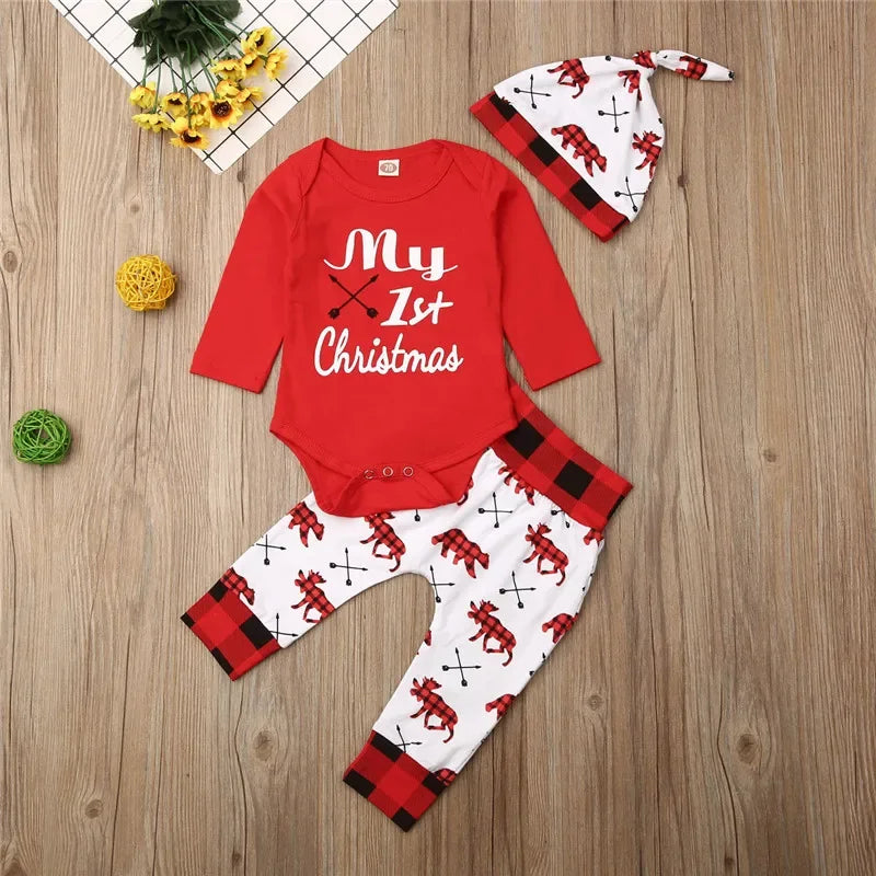 0-24M Newborn Christmas 3pcs Clothes Set Letter Long Sleeve Baby Girls Rompers Elk Xmas Outfits For Infant Boys And Girls - NTKSTORE