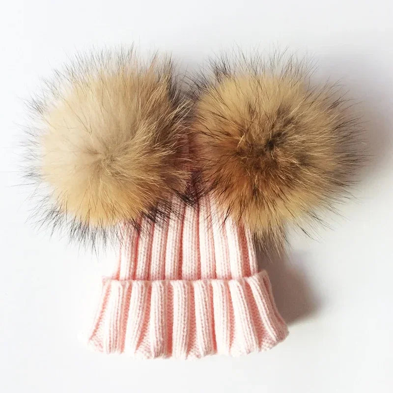 Winter Crochet Double Natural Raccoon Pompom Hat For Girls Real Fur Children Caps High Quality Fashion Kids Beanie Bonnet - NTKSTORE
