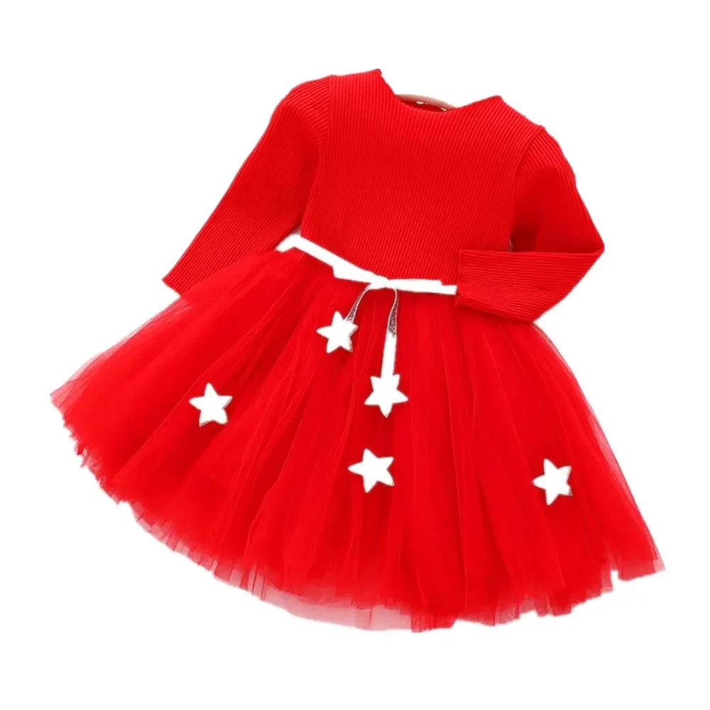 Infant Baby Christmas Dress Knit Gauze Velvet Red Dress Toddlers Girls Kids Clothes Long Sleeve Warm Sweater Dress - NTKSTORE