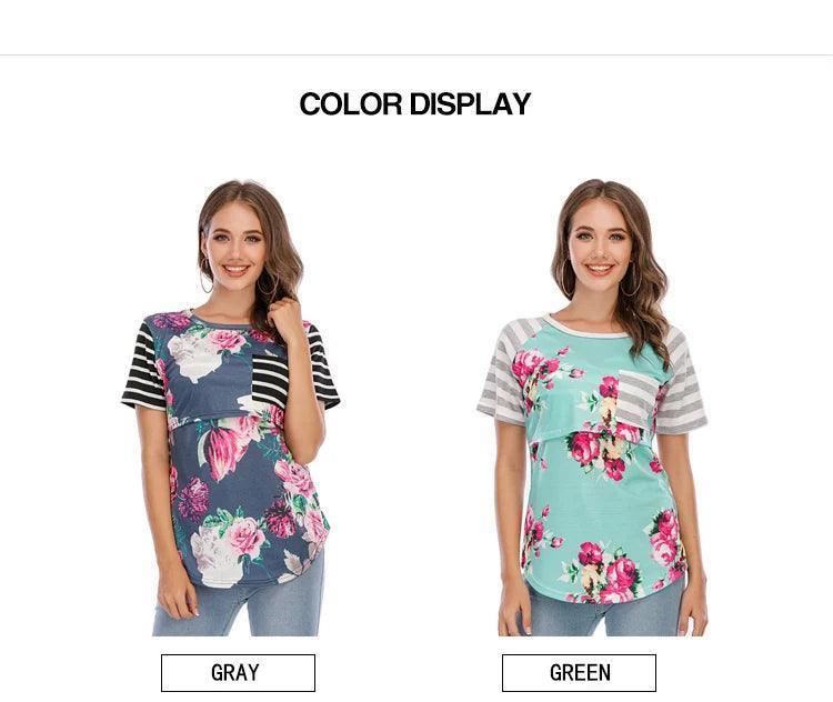 New Casual Womens Pregnant Maternity Clothes Nursing Tops Breastfeeding T-Shirt Pregnancy Striped Short Sleeve Shirt - NTKSTORE