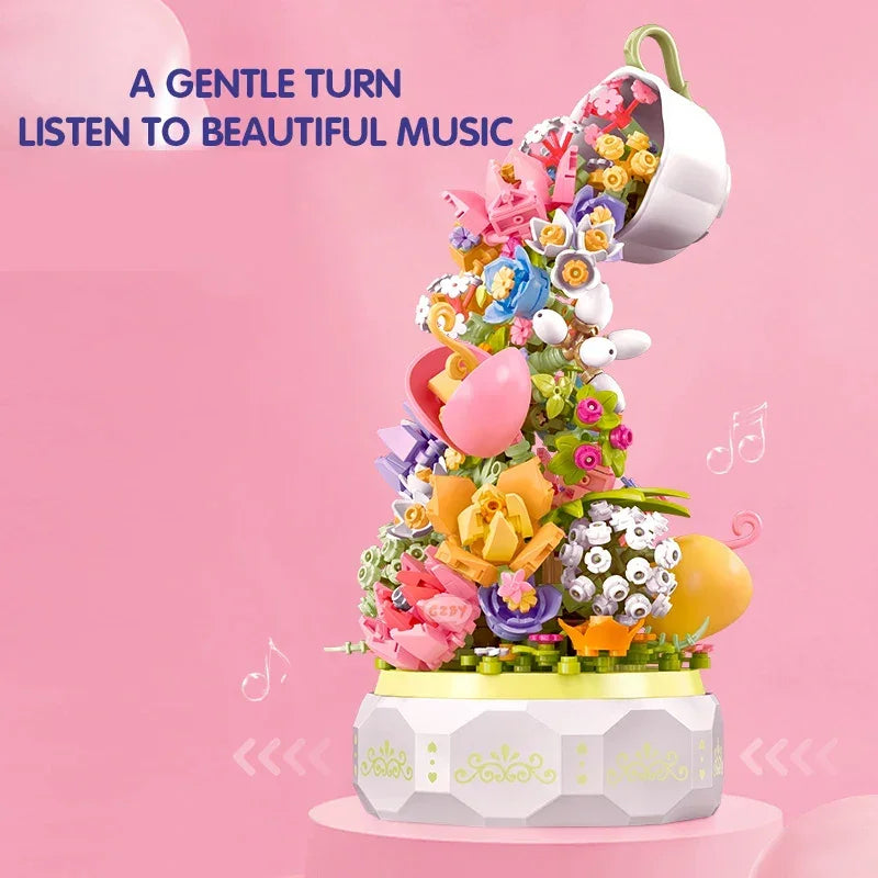 SEMBO BLOCK 575pcs Teacup Flower Lighting Music Box Building Block Home Decor Anime Creative Gift Toy For Child Adults - NTKSTORE