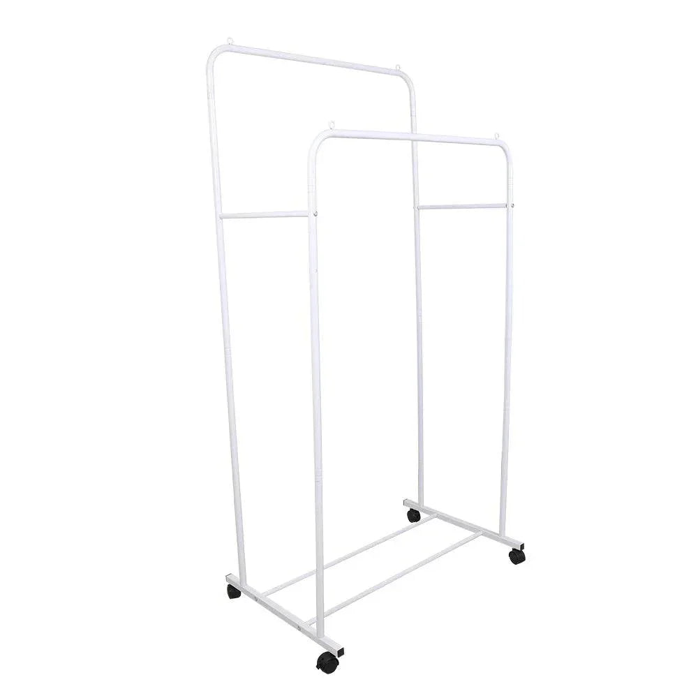 Heavy Duty Clothes Rack Garment Rail Rolling Stand Two Top Rod & Lower Storage - NTKSTORE
