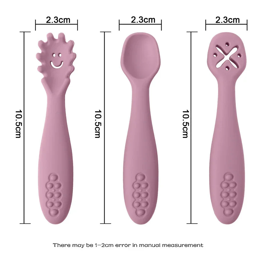 3PCS Kawaii Baby Learning Spoons Utensils Set Toddler Feeding Tableware Baby Silicone Teether Toys Training Cutlery Baby Stuff - NTKSTORE