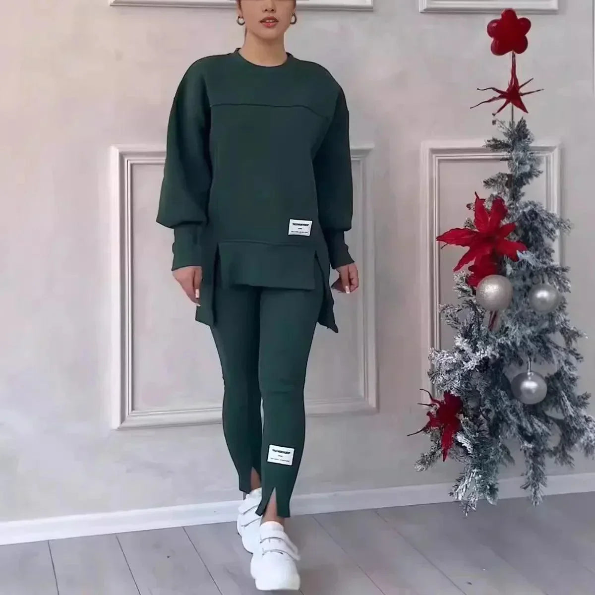 2pcs Women Sport Suit Hoodie Sweatshirt Winter Loose Irregular Top + Leggings Pant Casual Jogger Outfit Sports Two-piece Set - NTKSTORE