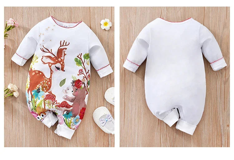 Spring And Autumn Newborn Boys And Girls Cute Cartoon Animal Print Comfortable Long Sleeved Baby Bodysuit