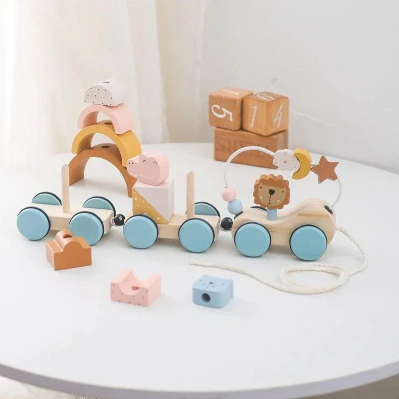 Baby Wooden Trailer Car Toys Rainbow Stacking Balance Blocks Animal Traction Car Star Moon Slider Beads For Kids Montessori Toys - NTKSTORE
