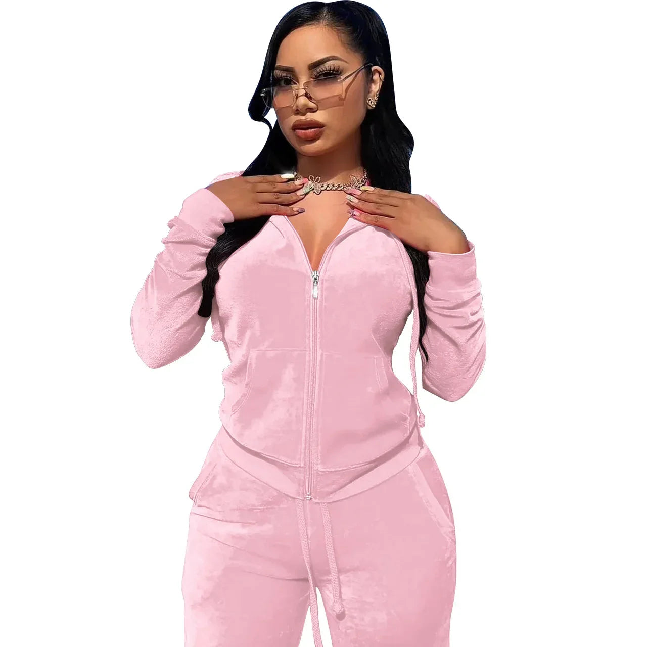 Womens Warm 2 Piece Outfits Velour Tracksuits Full Zip Hoodie And Drawstring Sweatpants Sweatsuits Sets Velvet Jogging Suit - NTKSTORE