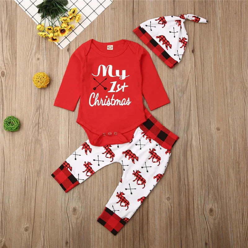 0-24M Newborn Christmas 3pcs Clothes Set Letter Long Sleeve Baby Girls Rompers Elk Xmas Outfits For Infant Boys And Girls - NTKSTORE