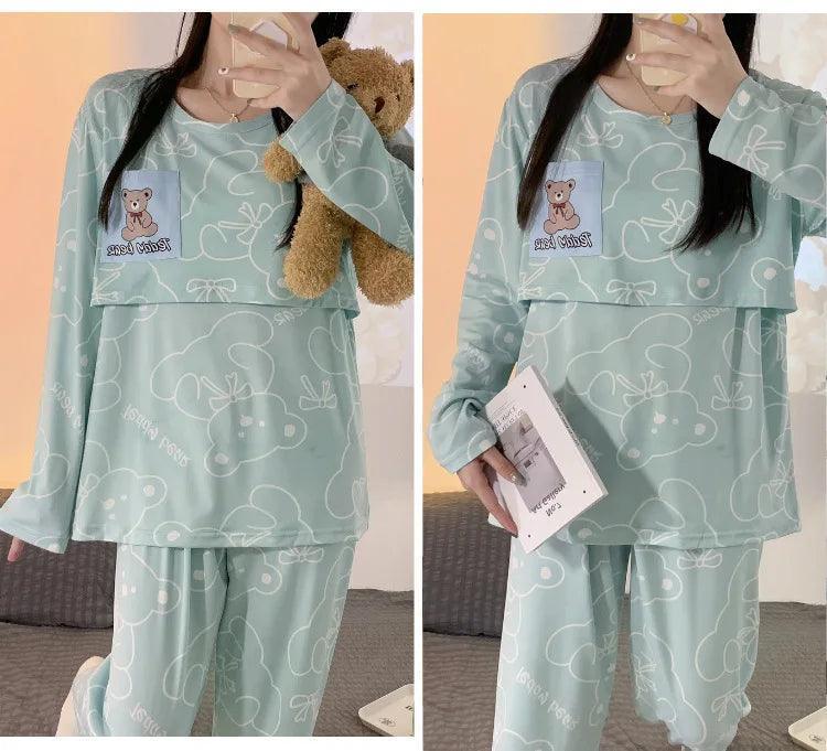 New Monthly Clothing 2-Piece Spring And Autumn Maternity Pajamas Summer Breastfeeding Suit Breastfeeding Pajamas Homewear - NTKSTORE