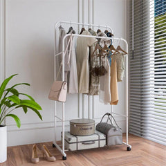 Heavy Duty Clothes Rack Garment Rail Rolling Stand Two Top Rod & Lower Storage - NTKSTORE