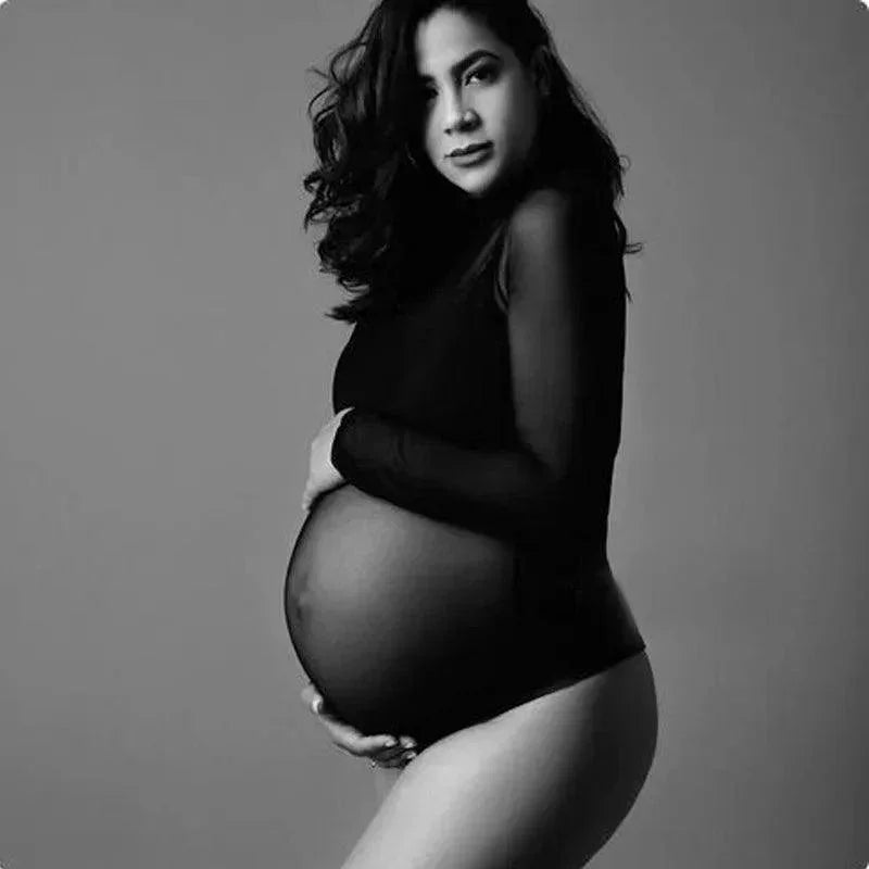 Maternity Dress For Photoshoot Women Y2K Ruffle Sexy Sheer Mesh See Through Beach Long Sleeve Tube Tie Front Pregnancy Bodycon - NTKSTORE