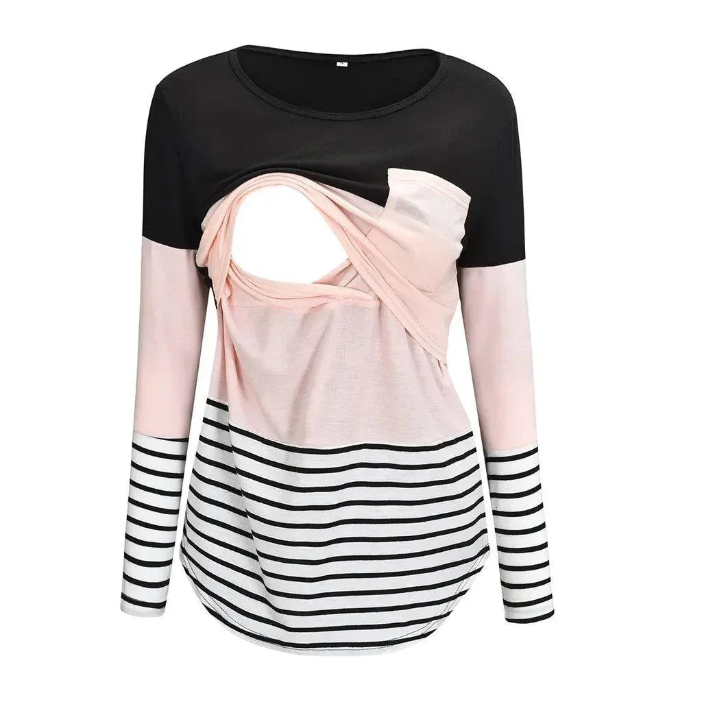 Fashion Pregnant Women Stiching Color Breastfeeding Nursing T Shirts Casual Loose Long Sleeve Tee Tops For Maternity - NTKSTORE