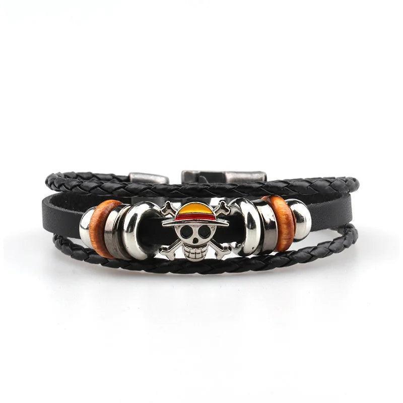Anime One Piece Leather Bracelet Luffy Straw Hat Punk Black PU Woven Bracelet Cosplay Props Jewelry Collection Birthday Gift - NTKSTORE