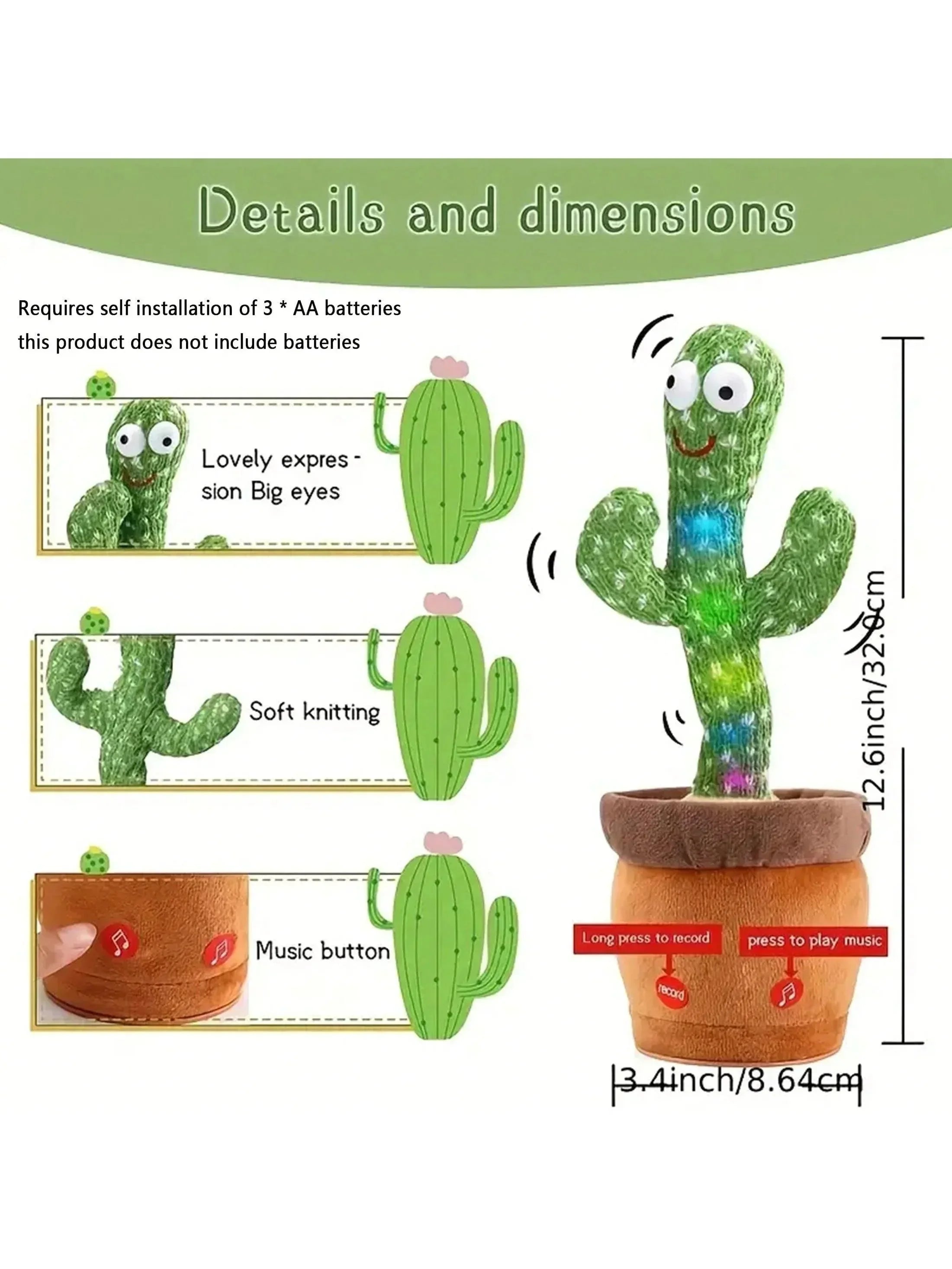 1pc-Dancing Talking Cactus Toys For Baby Boys And Girls, Singing Mimicking Recording Repeating What You Say Sunny Cactus Up Plus - NTKSTORE