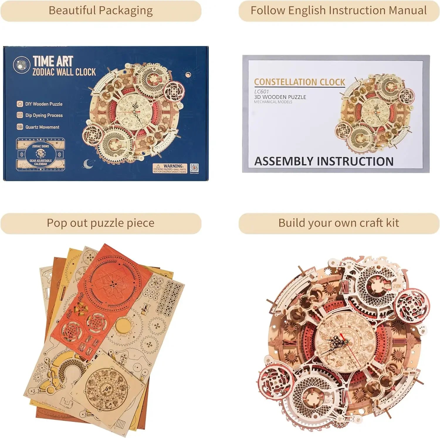 Robotime 3D Wooden Puzzles Wooden Steampunk Clock Kit DIY Mechanical Wall Quartz Aesthetic Room for Adults - NTKSTORE