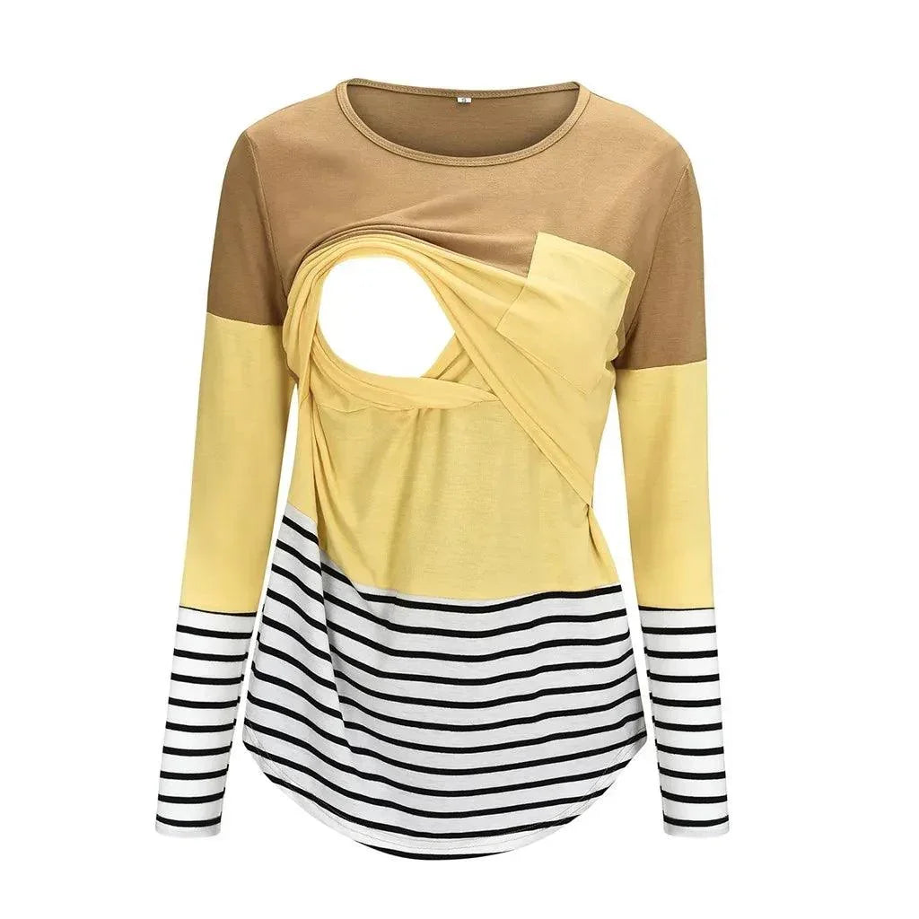Fashion Pregnant Women Stiching Color Breastfeeding Nursing T Shirts Casual Loose Long Sleeve Tee Tops For Maternity - NTKSTORE