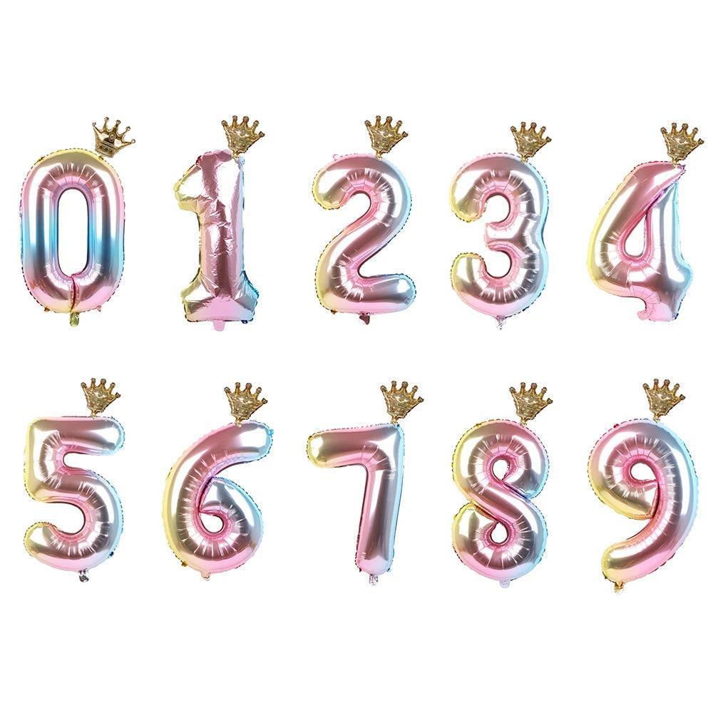 2pcs 32inch Rainbow Number Foil Balloons with Crown for Kids Boy Girl 1st Birthday Party Decorations Rose Gold Figures Globos - NTKSTORE