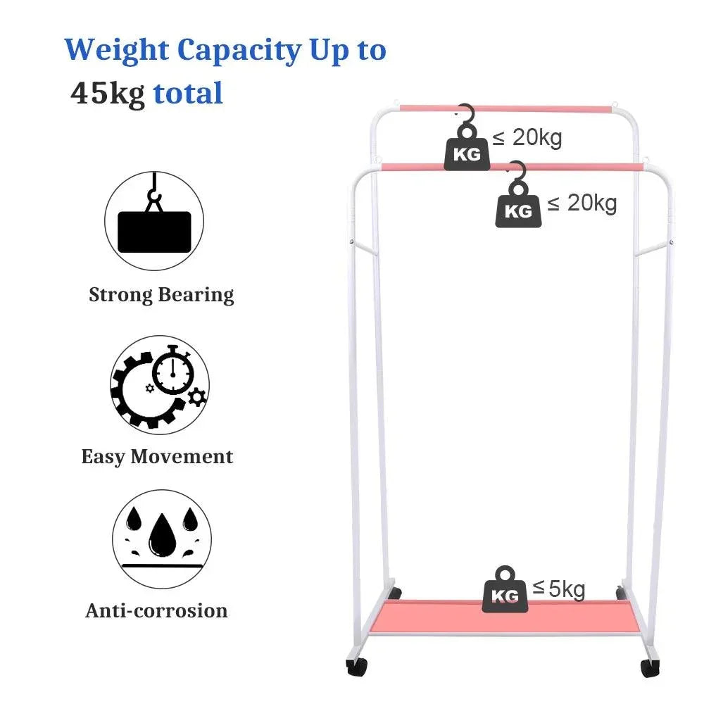 Heavy Duty Clothes Rack Garment Rail Rolling Stand Two Top Rod & Lower Storage - NTKSTORE