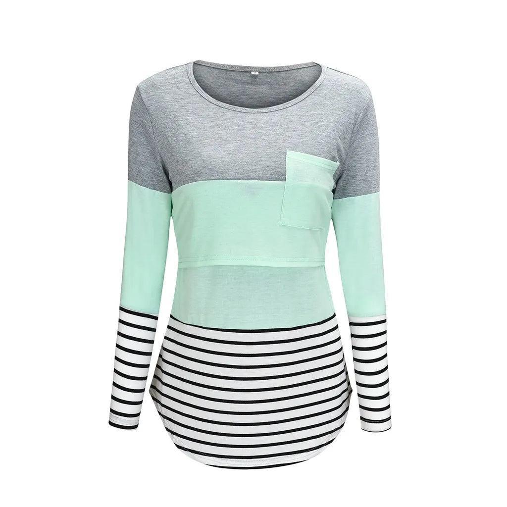 Fashion Pregnant Women Stiching Color Breastfeeding Nursing T Shirts Casual Loose Long Sleeve Tee Tops For Maternity - NTKSTORE