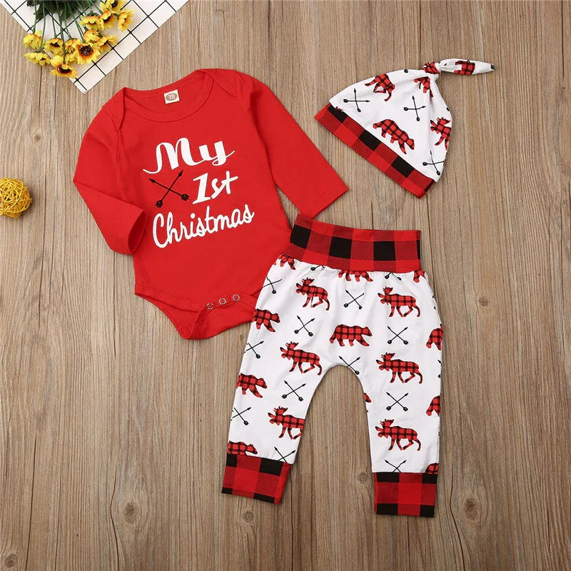 0-24M Newborn Christmas 3pcs Clothes Set Letter Long Sleeve Baby Girls Rompers Elk Xmas Outfits For Infant Boys And Girls - NTKSTORE
