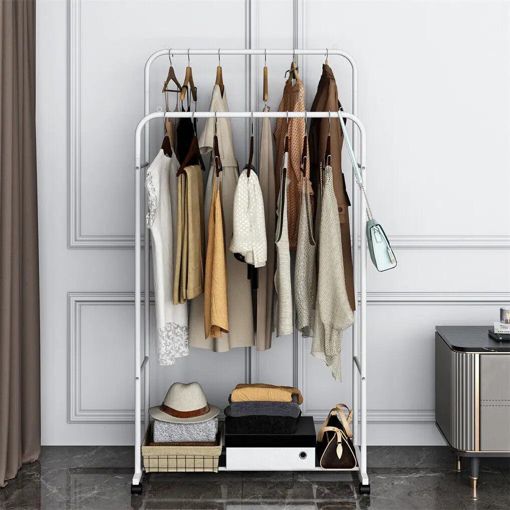 Heavy Duty Clothes Rack Garment Rail Rolling Stand Two Top Rod & Lower Storage - NTKSTORE