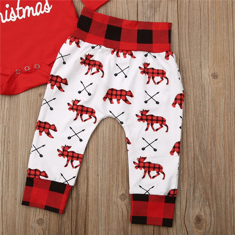 0-24M Newborn Christmas 3pcs Clothes Set Letter Long Sleeve Baby Girls Rompers Elk Xmas Outfits For Infant Boys And Girls - NTKSTORE